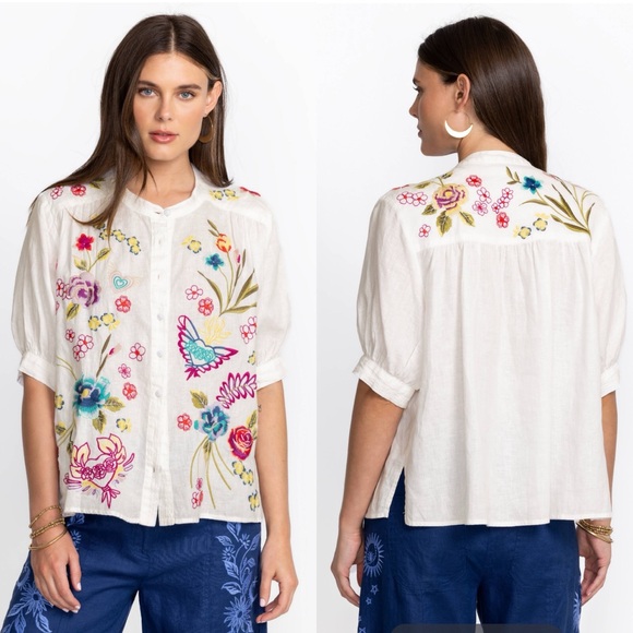 Johnny Was Tops - NWT Johnny Was Jessi Shirred Yoke Blouse Embroidered Linen Floral Heart